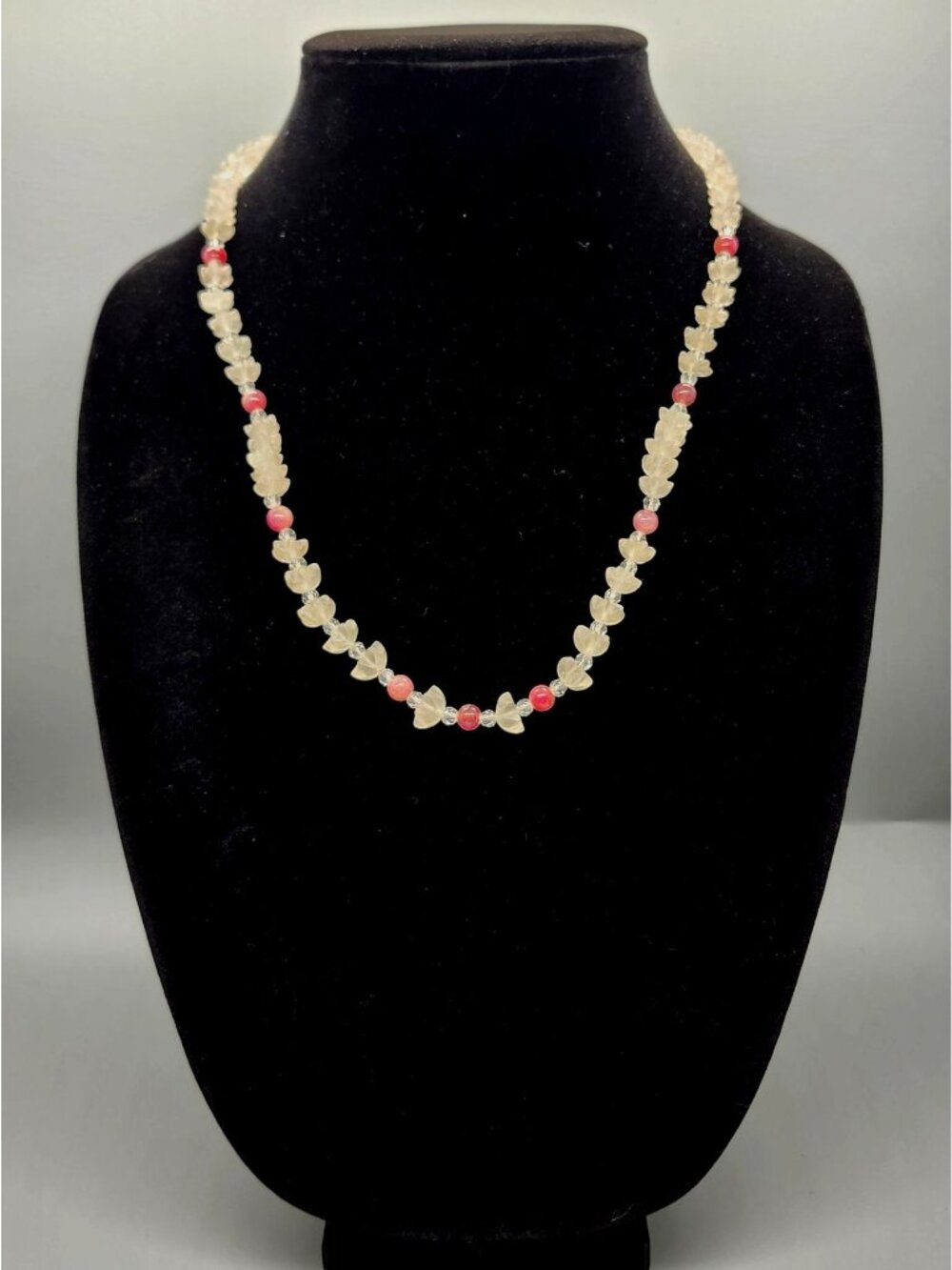 Vintage Floral Bead & Pink Stone Necklace With Intricate Clasp Design